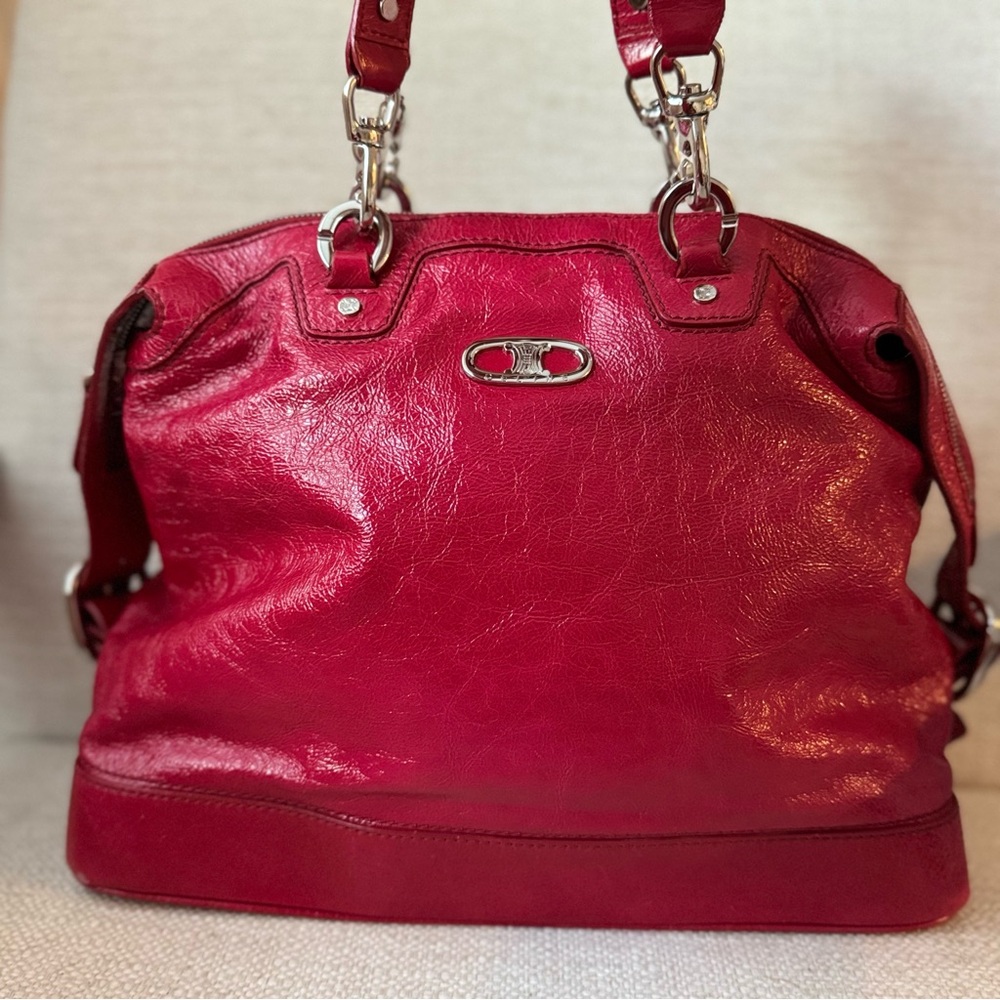 Celine Red Leather Bag Silver Hardware Chain Interior Lining